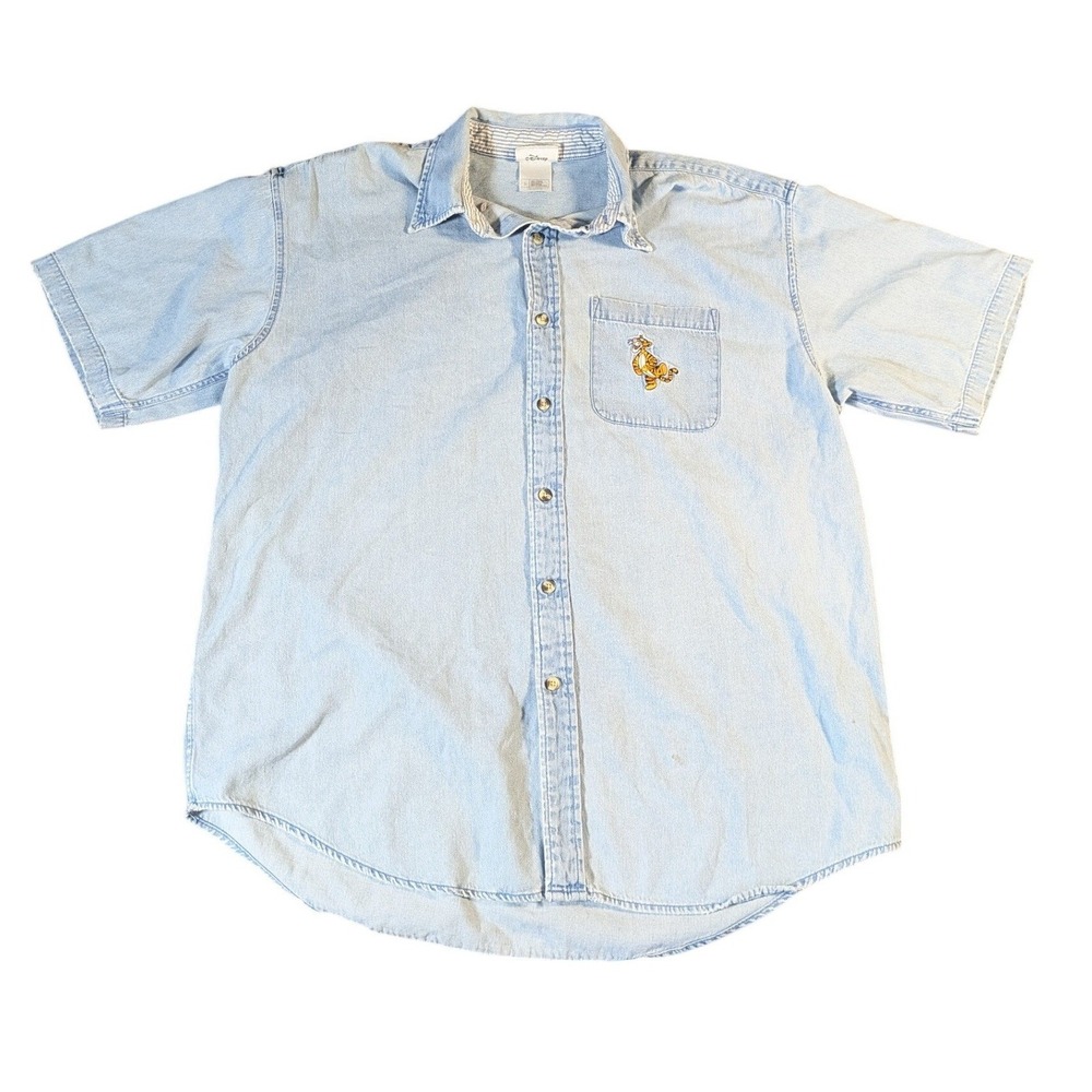 Vintage Walt Disney World Men's Large Tiger‎ Denim Button Up Shirt Flaws